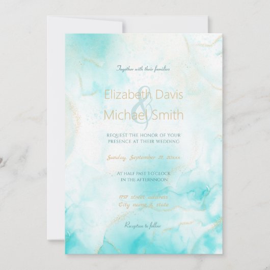 アクアモダン金ゴールドアルコールインクアートウォーターカラー海 招待状 (正面)