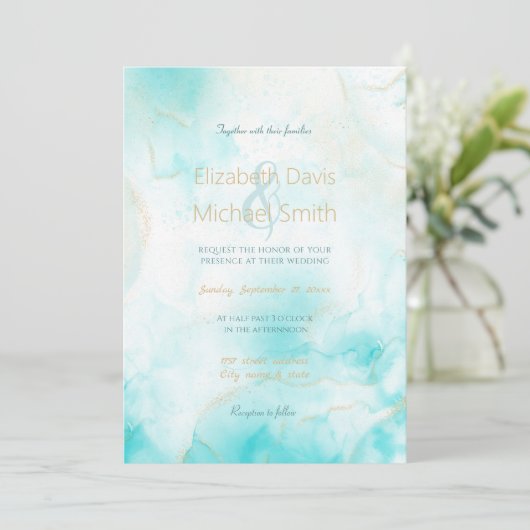 アクアモダン金ゴールドアルコールインクアートウォーターカラー海 招待状 (スタンド正面)