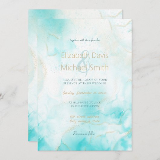 アクアモダン金ゴールドアルコールインクアートウォーターカラー海 招待状 (正面/裏面)