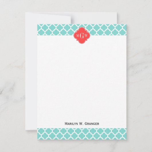 アクアモロッコ#5コーラルレッド3イニシャルモノグラム ノートカード (正面)