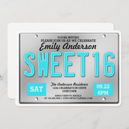 アクアライセンスプレートスウィート16パーティの招待状 招待状 (正面/裏面)