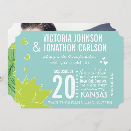 アクアライム多肉性モダン結婚タイポグラフィ 招待状 (正面/裏面)