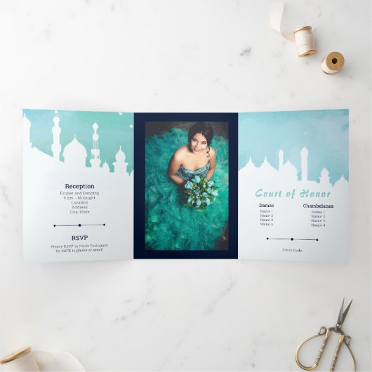 アクアラビアンナイツウォーターカラーキンセアニラトリフォル 三つ折り招待状 (内部)