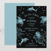 アクアリウムの海の生き物 子供の海洋生物の誕生日パーティー 招待状 (正面/裏面)