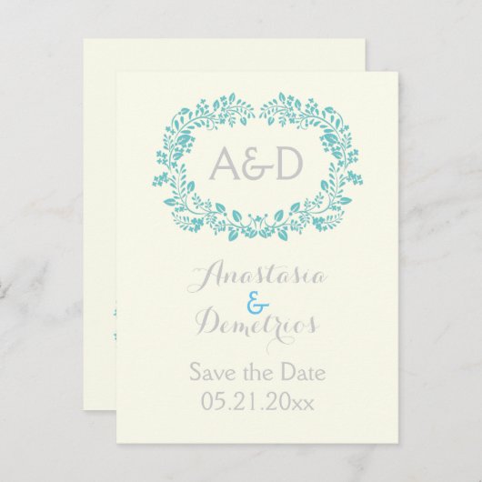 アクアリーフのフレームイニシャルウェディング日付を保存 案内ポストカード (正面/裏面)