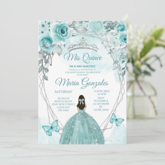 アクアルティール（緑がかった色）ターコイズバタフライミクリン誕生日 招待状 (スタンド正面)