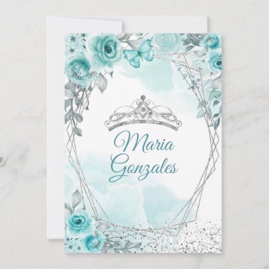 アクアルティール（緑がかった色）ターコイズバタフライミクリン誕生日 招待状 (裏面)