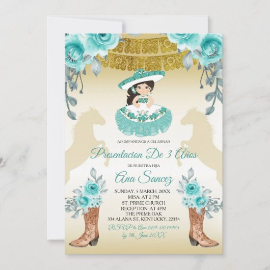 アクアルティール（緑がかった色）ターコイズ1ガールサード誕生日 招待状 (正面)