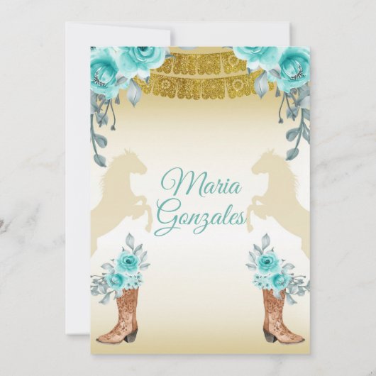 アクアルティール（緑がかった色）ターコイズ1ガールサード誕生日 招待状 (裏面)