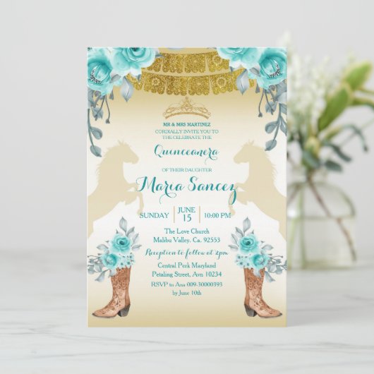 アクアルティール（緑がかった色）ターコイズ1ホース&ブーツキンセアニェラ 招待状 (スタンド正面)