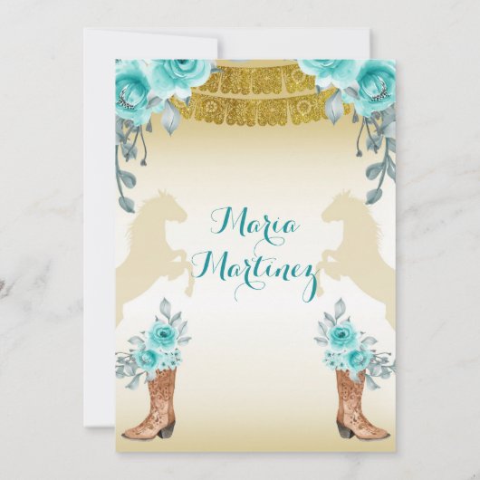 アクアルティール（緑がかった色）ターコイズ1ホース&ブーツキンセアニェラ 招待状 (裏面)