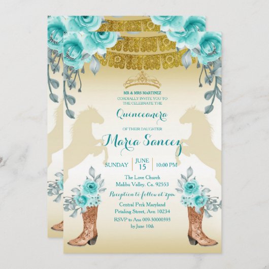 アクアルティール（緑がかった色）ターコイズ1ホース&ブーツキンセアニェラ 招待状 (正面/裏面)