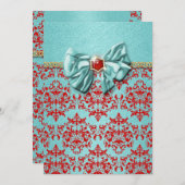 アクアレッドのダマスク織フォーマルエンゲージメント 招待状 (正面/裏面)