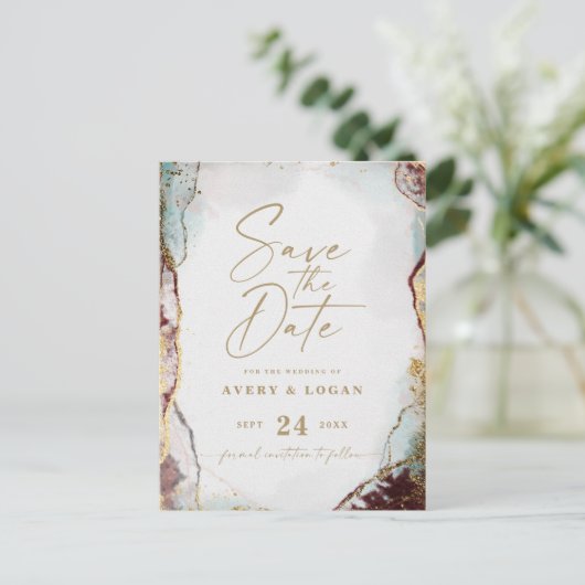 アクアレッド&金ゴールド冬の結婚式の日付を保存 案内ポストカード (スタンド正面)