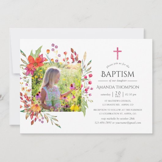 アクアレルワイルドフラワーバプテスマまたは《キリスト教》洗礼式や命名式 招待状 (正面)