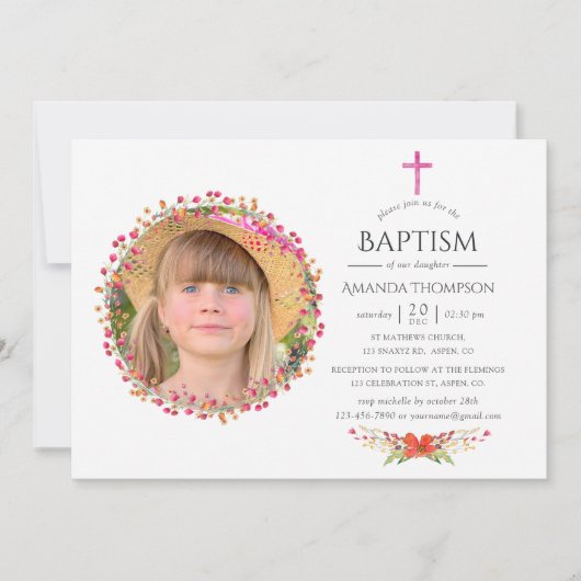 アクアレルワイルドフラワーバプテスマまたは《キリスト教》洗礼式や命名式 招待状 (正面)