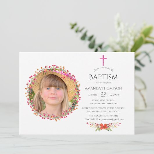 アクアレルワイルドフラワーバプテスマまたは《キリスト教》洗礼式や命名式 招待状 (スタンド正面)