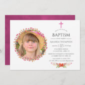 アクアレルワイルドフラワーバプテスマまたは《キリスト教》洗礼式や命名式 招待状 (正面/裏面)