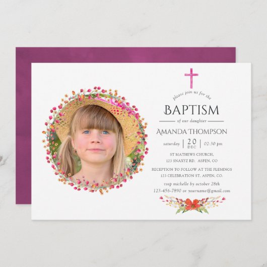 アクアレルワイルドフラワーバプテスマまたは《キリスト教》洗礼式や命名式 招待状 (正面/裏面)