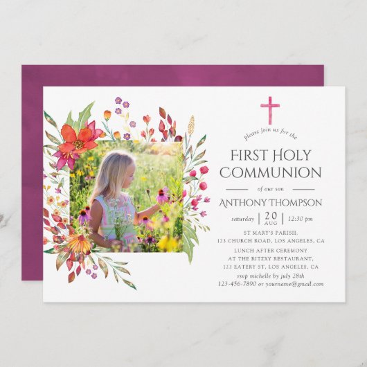 アクアレルワイルドフラワーファースト聖餐式 招待状 (正面/裏面)