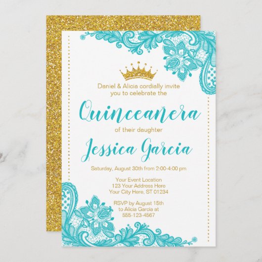 アクアレースアンドグリッター金ゴールドプリンセスキンセアニラ 招待状 (正面/裏面)