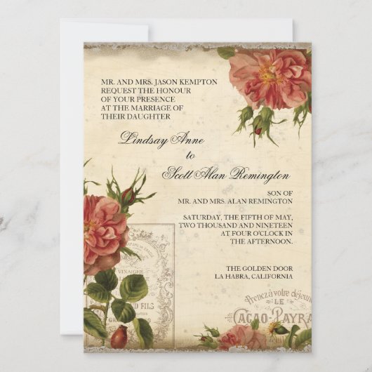 アクアンクリームヴィンテージエッフェルタワーバラ結婚ズ 招待状 (正面)