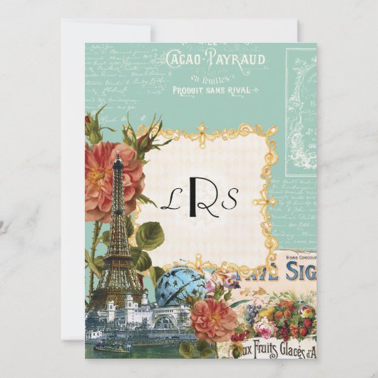 アクアンクリームヴィンテージエッフェルタワーバラ結婚ズ 招待状 (裏面)