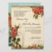 アクアンクリームヴィンテージエッフェルタワーバラ結婚ズ 招待状 (正面/裏面)