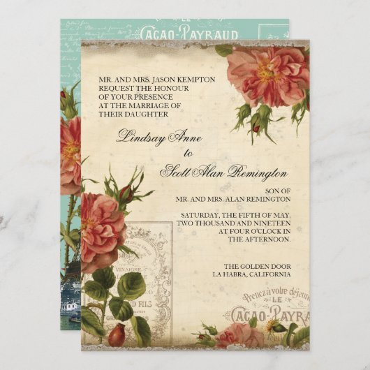 アクアンクリームヴィンテージエッフェルタワーバラ結婚ズ 招待状 (正面/裏面)