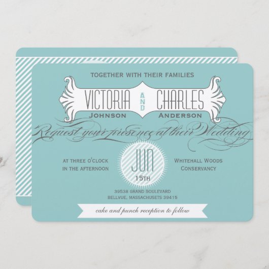 アクアヴィンテージモダンタイポグラフィ結婚式 招待状 (正面/裏面)