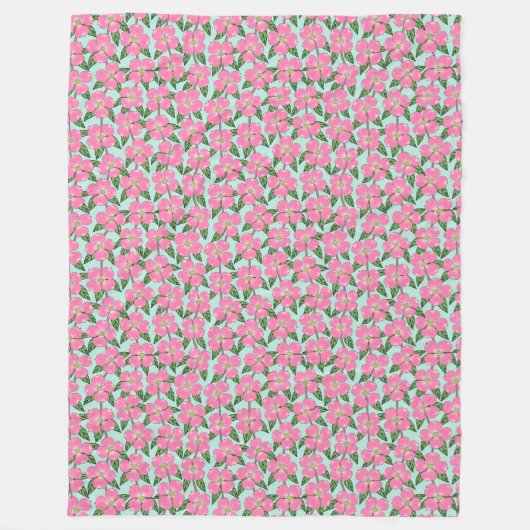 アクア上のピンクの開花ドッグウッド線スケッチフローラ フリースブランケット (正面)