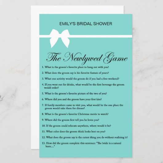 アクア及びリボンブライダルシャワーゲーム印刷 (正面/裏面)