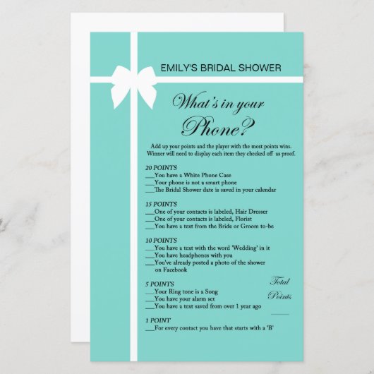 アクア及びリボンブライダルシャワーゲーム印刷 (正面/裏面)