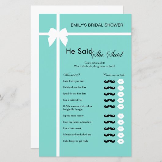 アクア及びリボンブライダルシャワーゲーム印刷 (正面/裏面)