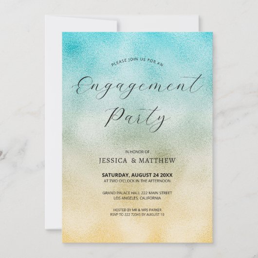 アクア及び金ゴールドグラデーションフォイル婚約 招待状 (正面)