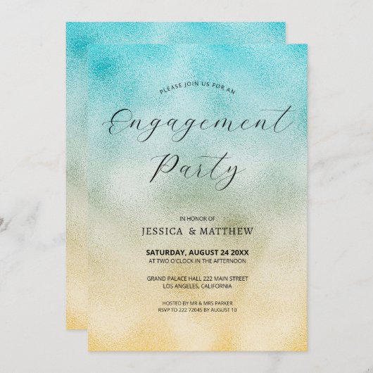 アクア及び金ゴールドグラデーションフォイル婚約 招待状 (正面/裏面)