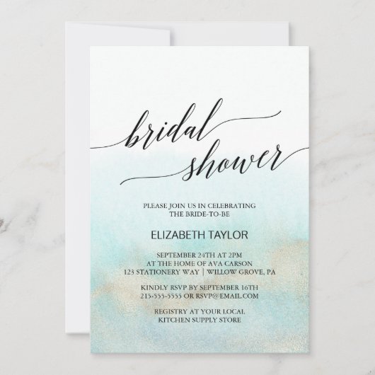 アクア及び金ゴールド水彩ビーチブライダルシャワー 招待状 (正面)