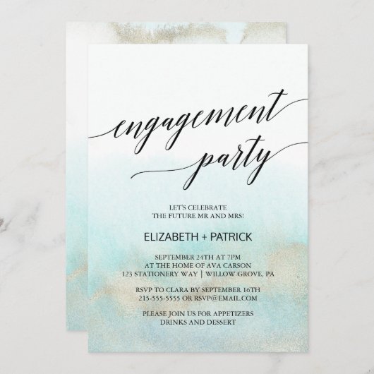 アクア及び金ゴールド水彩ビーチ婚約パーティ 招待状 (正面/裏面)