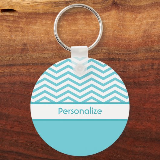 アクア名門私立校風のブルーとホワイトシェブロンの名前 キーホルダー (正面)