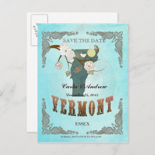 アクア日付を保存する – 美しい鳥とバーモントの地図 案内ポストカード (正面/裏面)