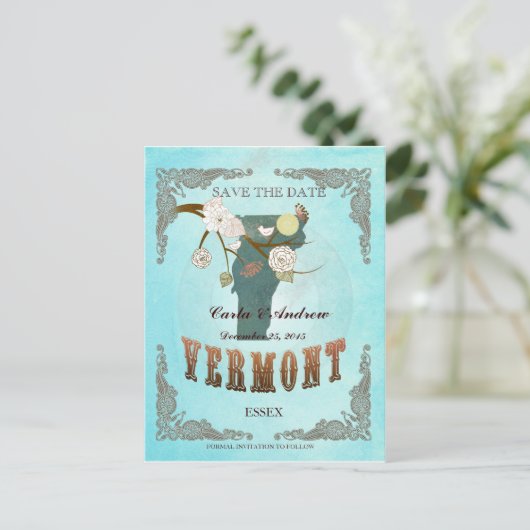 アクア日付を保存する – 美しい鳥とバーモントの地図 案内ポストカード (スタンド正面)