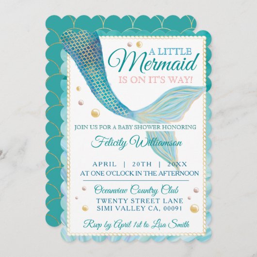 アクア海マーメイドテールベイビーシャワー招待状 招待状 (正面/裏面)