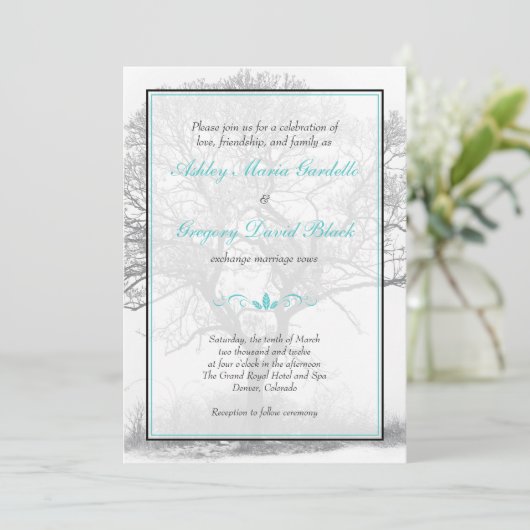 アクア白黒ウィンターツリー結婚式招待状 招待状 (スタンド正面)