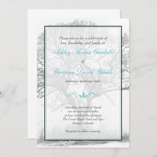 アクア白黒ウィンターツリー結婚式招待状 招待状 (正面/裏面)