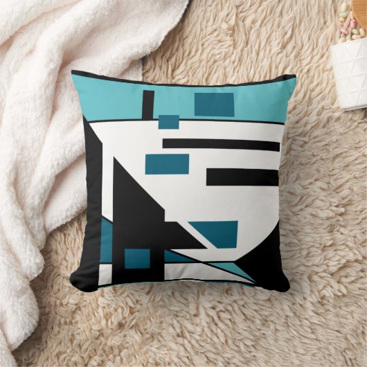 アクア白黒ターコイズ幾何学的抽象芸術アート クッション (ブランケット)