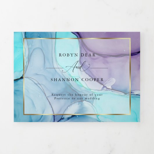 アクア素晴らしバイオレット抽象芸術インクトリフォールドカスタム 三つ折り招待状 (カバー)