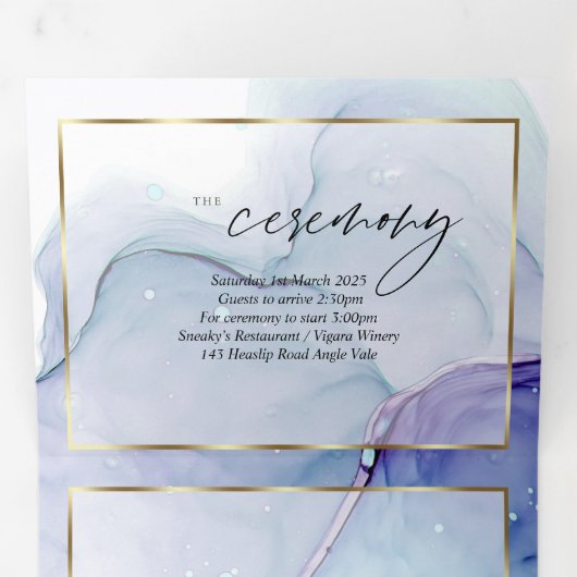 アクア素晴らしバイオレット抽象芸術インクトリフォールドカスタム 三つ折り招待状 (内部最初)