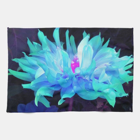 アクア素晴らしブルー&グリーンサボットダリア キッチンタオル (横)