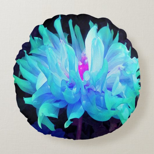 アクア素晴らしブルー&グリーンサボットダリア ラウンドクッション (正面)