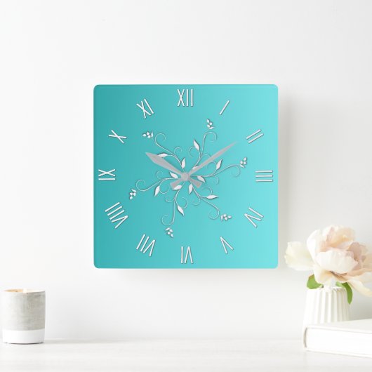 アクア素晴らしホワイト数字アクセント スクエア壁時計 (ホーム)